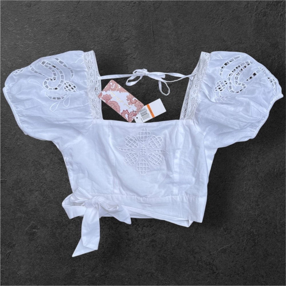 NWT Brand of The Free Tie Cropped Top Lace Eyelet White Puff Sleeves Feminine S